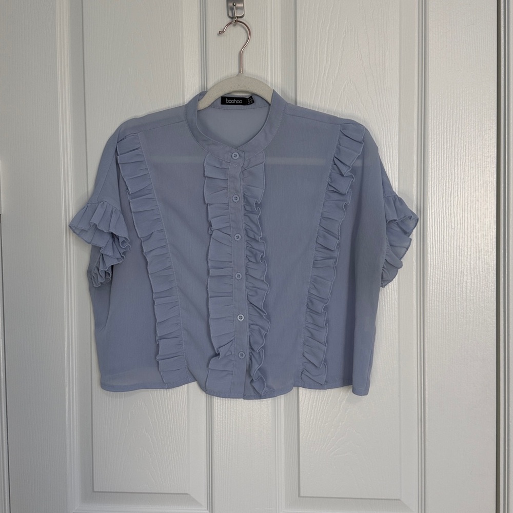 Light Blue Ruffled Button-Up Blouse - Picture 11 of 12
